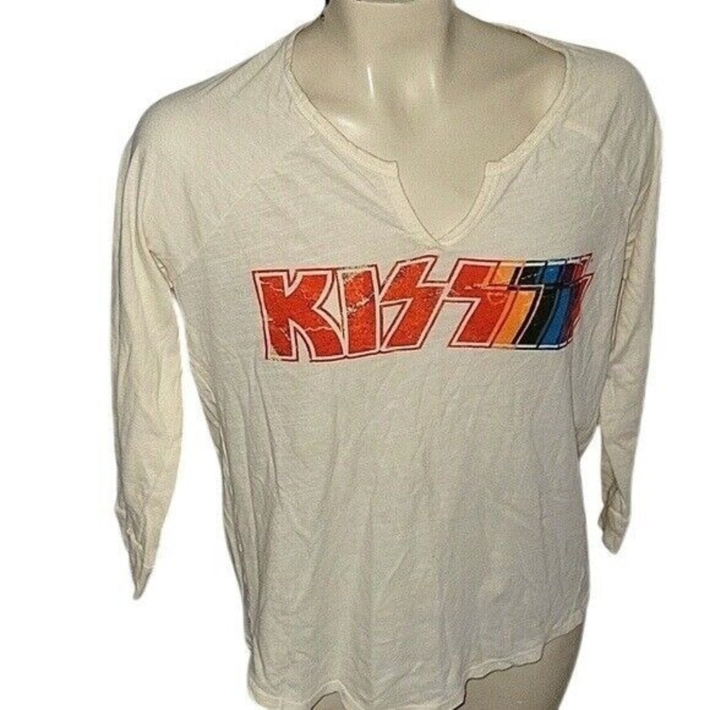 LUCKY BRAND KIZZ Rock Band Long Sleeve‎ Top S Long Sleeve V-NECK white 90'S